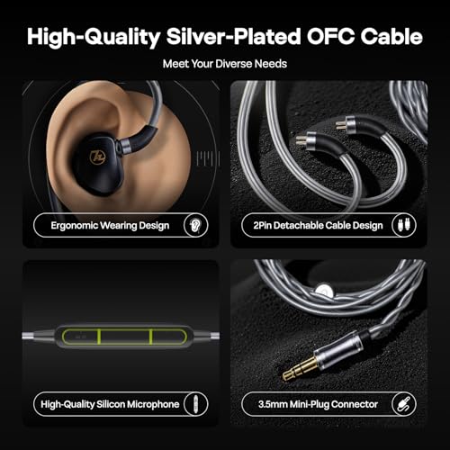 Linsoul 7HZ G1 Monitor douszny, słuchawki douszne IEM z membraną dynamiczną DLC 10 mm, przewodowe słuchawki douszne do gier z odłączanym, posrebrzanym kablem OFC (3.5mm With Mic, Czarny)