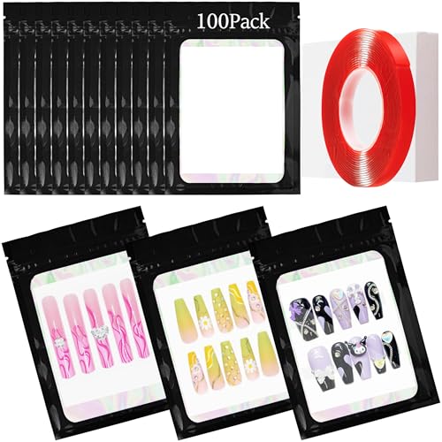 100PCS Empty Solid Black Holographic Nail Storage Bag Press on Nail Packaging Bag and 100PCS Shiny white cardboard Nail Tips Packaging Bags with 1 Roll Transparent Tape