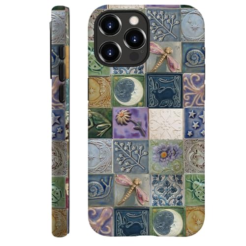 Piodaidy Compatible with iPhone 14 Pro,Durable & Shockproof Phone Case Cover Design - Tiles Pattern Moon Dragonfly Flower by Piodaidy - Used condition - US$13.37