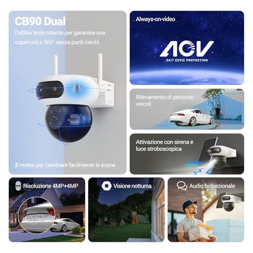 Ezviz 8MP (4MP+4MP) Telecamera Wifi Esterno Batteria Con Doppia Lente, Telecamera Solare Per Esterni Senza Fili, Modalità Aov, Rilevamento Di Persone/Veicoli, CB90 Dual+8W Pannello Solare - 2