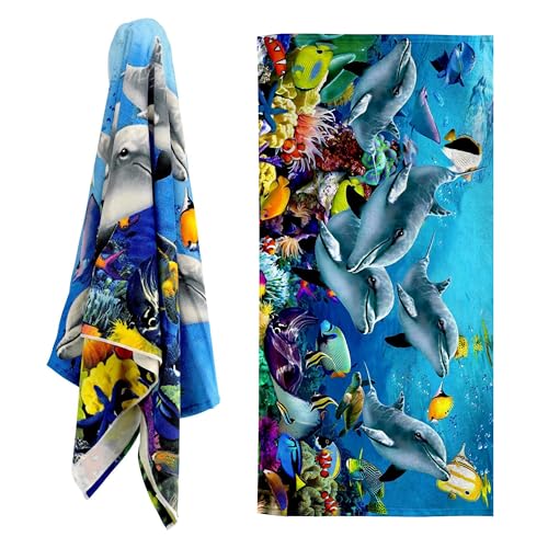 GEEZY Microfibre Beach Towel, Dolphins Design - Quick Drying, Lightweight, Sand-Free, Large & Durable, Summer Design - Beach Essentials for Travel, Holiday, Swimming, Sauna, Adults & Kids, 70x140cm