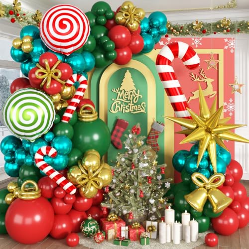 Paeyeq Christmas Balloon Garland Arch Kit, Xmas Red Green Gold Balloons Candy Cane Star Foil Mylar Balloons for Merry Christmas Ugly Sweater New Year Friendsmas Festival Birthday Party Decorations