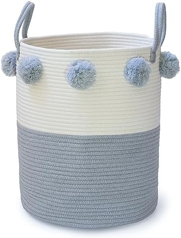 CACTUS & BERRY Pom-Pom Cotton Woven Basket, Laundry Hamper, Toy Storage for Nursery, Decorative Bin with Handles for Living Room Home Decor (15”x17.7”)