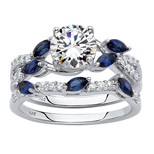 Platinum over Sterling Silver Round Cubic Zirconia with Marquise Created Blue Sapphire Vine Bridal Ring Set Size 6