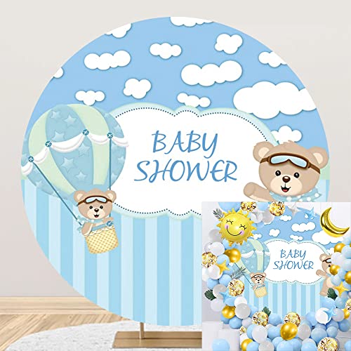 OERJU 7.2x7.2ft Bear Baby Shower Round Backdrop Cover Blue Sky White Clouds Striped Background for Photography Bear in The Hot-Air Balloon Boy Gender Reveal Party Decoration Banner Photo Booth Props