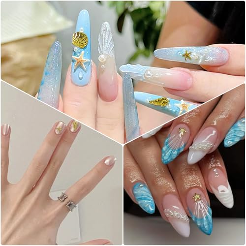Sommer Muschel Nagelkunst Charms, Gold Strand Ozeannieten Nagelschmuck, Ozean Thema Nagel Steinchen für Frauen Acryl Nagel Ozean (Gold + Weiß)