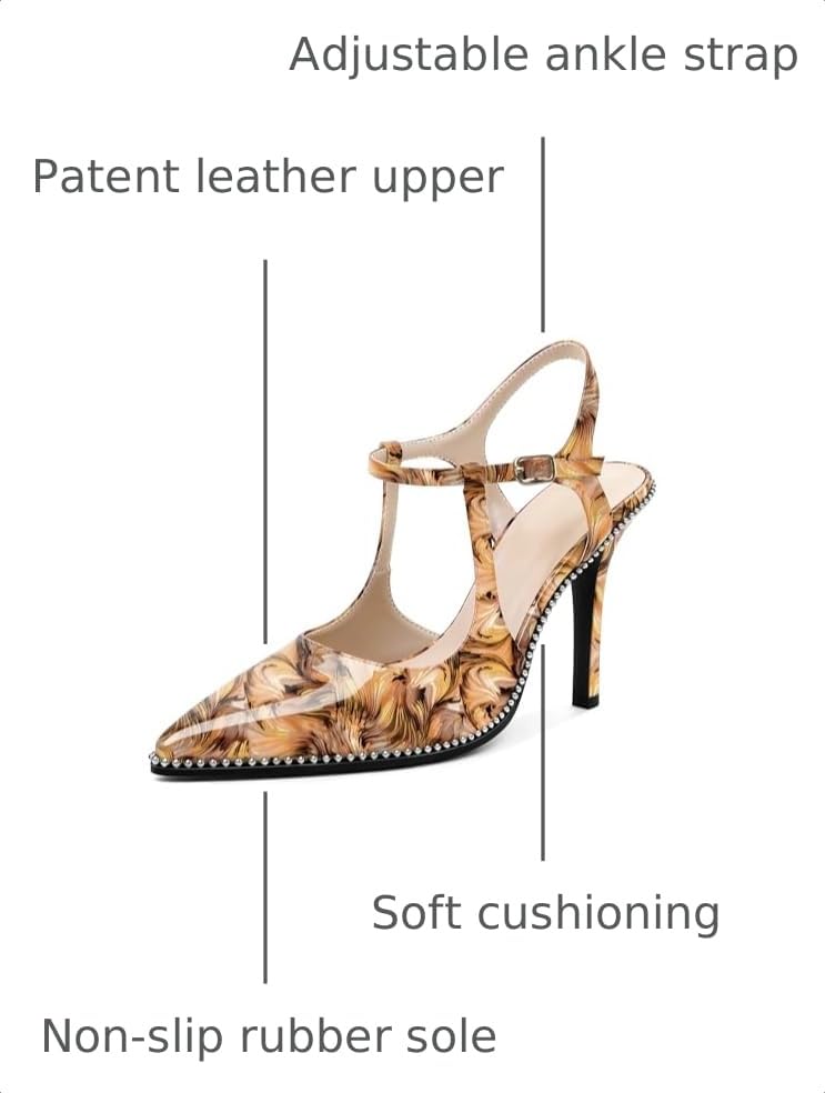 Image of SAMMITOP Womens High Heels Ankle Strap Pointed Toe Stilettos Patent Leather Beaded Pumps Dress Shoes 3.5 Inch