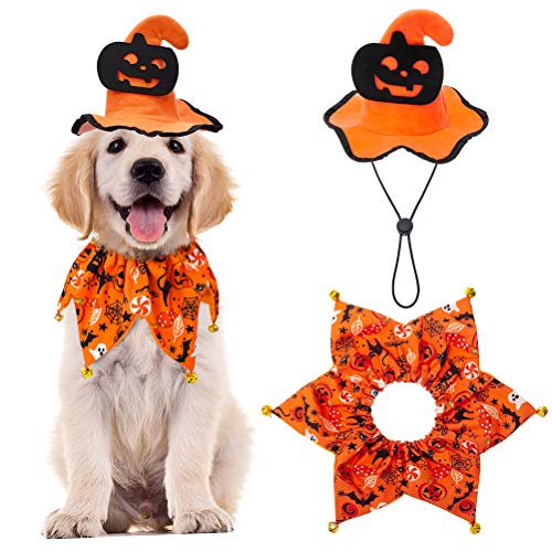 Halloween Costumes for Golden Retrievers - feat. Dog Halloween Costume - Halloween Style Dog Collar with Bells and Wizard's hat Set Halloween Pumpkin Pattern for Dog Wearing - Orange