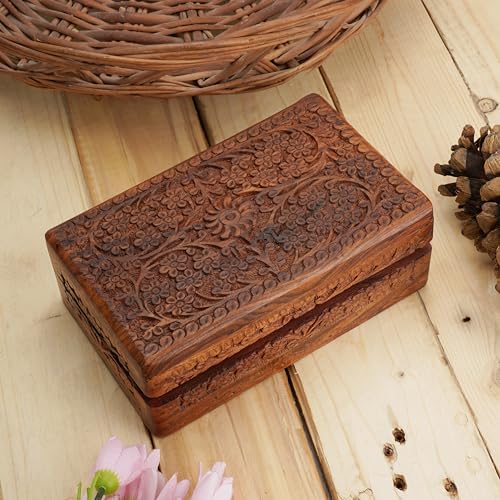Ajuny Handgefertigte Schmuckschatulle aus Holz für Damen – Blumendesign | Solide Mehrzwecknutzung Als Schmuckaufbewahrung Uhrenbox | Dekorativer Truhen Schmuckhalter Als Geschenk, 20,3 X 12,7 cm