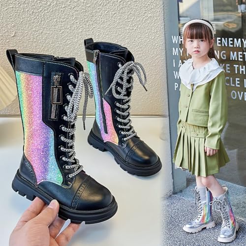 Girls Leather Lace-Up Knee-High Boots With Side Zippers Fashionable Colorful Block Heels Sparkly Riding Shoes Suitable For Kids Parties Everyday Activities3