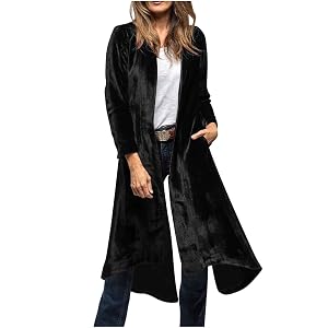 Womens Long Velvet Open Front Cardigan Coat with Pockets Elegant Lightweight Duster Jacket for Fall Winter Outfits