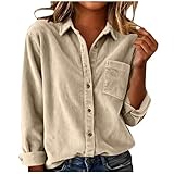 chemise boutonnée Chemisier surdimensionné en velours côtelé à manches longues et col boutonné avec poche pour femme, beige, XL