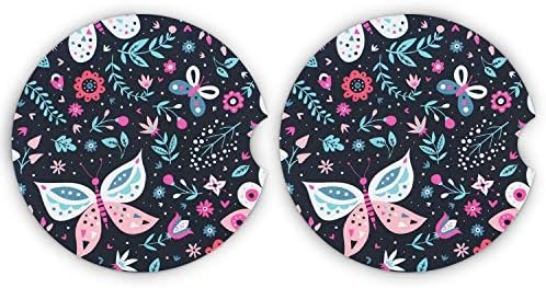 Small 2.56" Absorbent Car Coasters 2 Pack, Auto Coasters for Cup Holders, Ceramic Car Accessories Coasters Absorb Spills to Keep Cupholders Clean (Butterfly)