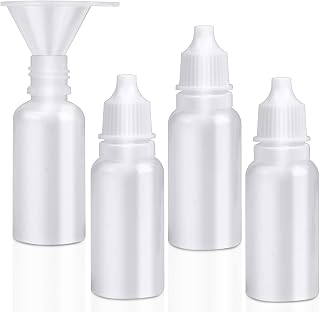 5-Pack Plastic Dropper Bottles 15ml/0.5oz - 4 Bottles + 1 Funnel - Empty, White Eye Dropper Bottles for Liquid -Squeezable & Portable Travel Containers for Eye Drops, Refillable with Cap and Plug