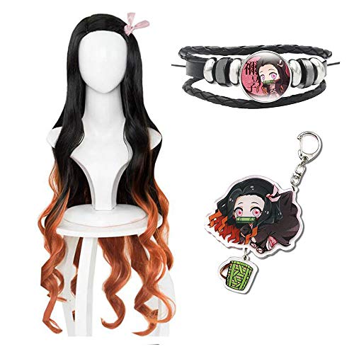 Kamado Nezuko Anime Cosplay Costume Wig Demon Slayer Kimetsu No Yaiba Kimono Halloween Gradient Hair With Bracelet Keychain … (D)