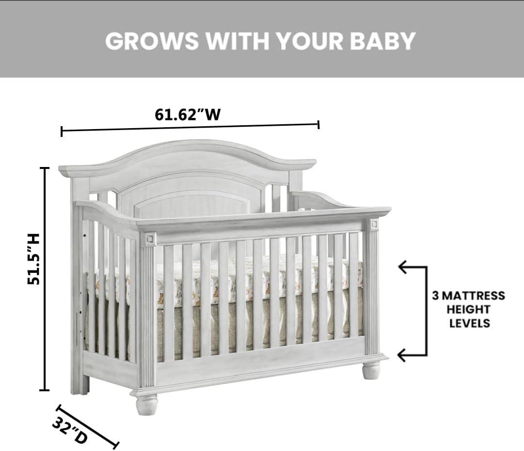 Vintage White 4-in-1 Convertible Baby Crib with Curved Headboard