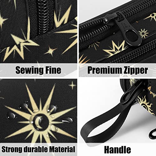 Image of Fustylead Gold Sun Moon and Stars Pencil Pen Case Stationery Bag, 3 Compartments School College Office Desk Organizer Storage Pouch Makeup Bag for Teen Boys Girls Students