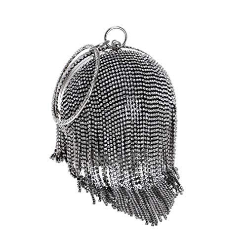 UMREN Women Round Ball Crystal Evening Clutch Purse Tassel Wedding Party Hand Bags Black&White - Thumbnail 2