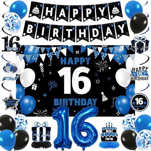 Vlipoeasn Blue 16th Birthday Decorations Set for Boys Girls(32PC)