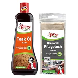 POLIBOY Teak Öl - Holzpflegeöl für dunkle Harthölzer - Holzschutz & Farbauffrischung - Ideal für Gartenmöbel - 1x 500ml - Mit Baumwolltuch - Made in Germany