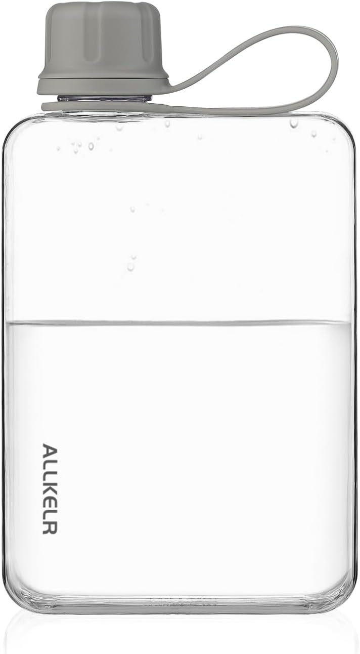 Portable Flat Water Bottle,BPA Free Reusable Tritan Plastic Travel Water Bottle Cup,Lightweight Leakproof Slim Water Bottle Fits Purse,Backpacking, Hiking (Gray, 17 oz)