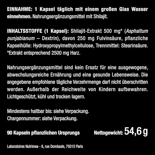 Shilajit Kapseln – Original Himalaya Hochdosiert, 2500mg – Reiner Extrakt – Premium Rohstoff - 50% Fulvosäure - 5:1 Extrakt - Qualitätskontrolle - Nutrimea - Premium Qualität