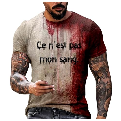 2025 T Shirt Herren Tshirt Männer T-Shirt Neu Herren-Shirt mit Rundhalsausschnitt und Blut-Grafik in Übergröße Bebedruckt einfarbig kurzärmig mit Frankreich-Print Schwarz Herren Tops Set, Rojo sandía