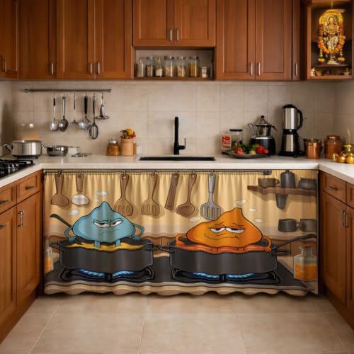 Image of Premium Printed Kitchen Sink Curtain | Washable & Dustproof Rod Pocket Counter Skirt | Perfect for Any Sink,Counter | Multicolor Cooking Theme for Home & Kitchen (150cm X 70cm) (1, Golu Molu)