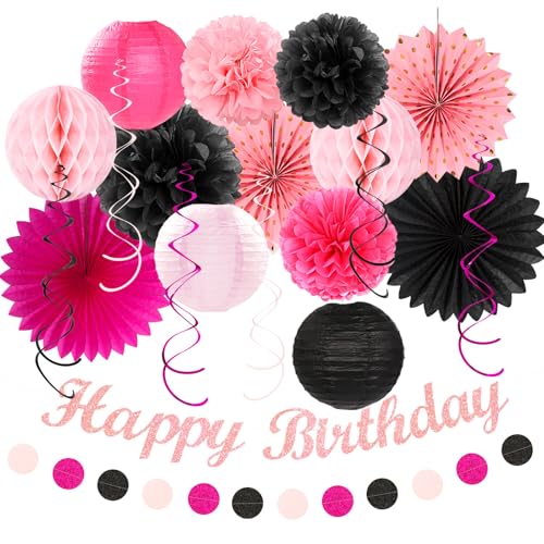 Image of Hot-Pink Black Girls-Women Birthday Party-Decorations - 21pcs Baby Happy Banner, Paper Streamers Lanterns,Tissue Pom Poms Fan,Backdrop Decor Huglony
