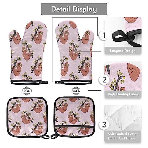 Sloth Adorable Oven Mitts And Pot Holders Set 10.6 Inch Long Oven Mits Mittens Heat Resistant Potholders Oven Gloves Hot Pad For Baking Cooking Kitchen Grilling Bbq Gifts 4 Piece Set #TOP2