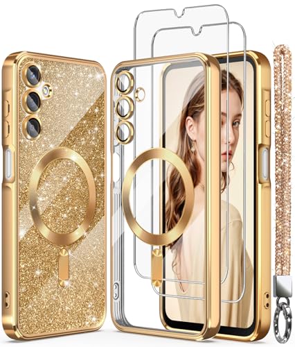 DagoRoo Magnetic for Samsung Galaxy A16 5G Case +2X Screen Protectors,Luxury Plated Gold Edge [Glitter Card&Wrist Strap] Slim Soft Crystal Clear TPU Shockproof Case Cover for Galaxy A16 5G-Gold