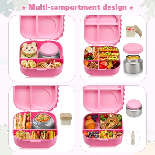 Image of Pawtong Bento Lunch Box with Thermo, 4-Compartment Bento Box with Adjustable Dividers, Leakproof Dinosaur Lunch Box with 14.2OZ Insulated Food Jar & Sauce Jar, for School Office Travel(Pink)