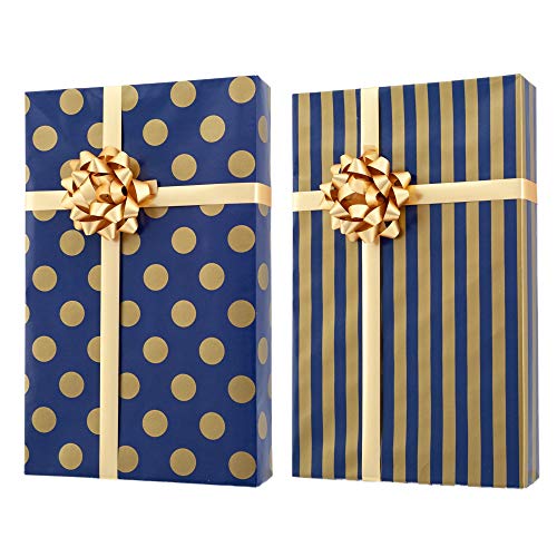 Gold + Silver + Blue Reversible Wrapping Paper Set: 4 Rolls (8 Designs) of Premium Gift Wrap (80 sq. ft.) with 30 Coordinated Bows, 2 Spools of Ribbon, and 24 Gift Tags - Thumbnail 3