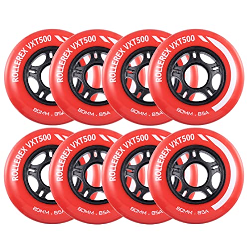 Rollerex VXT500 Inline Skate Wheels 8-Pack - 85A Durable Roller Blade Wheels for Indoor & Outdoor Skating - Fits Standard 608 Bearings (Rocket Red, 80mm)