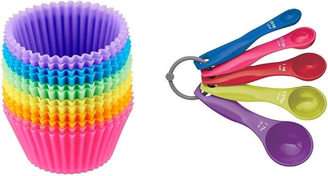 Amazon Basics Reusable Silicone Baking Cups, Pack of 12 & Colourworks CWMSPOONSET Measuring Spoon Set, Brights