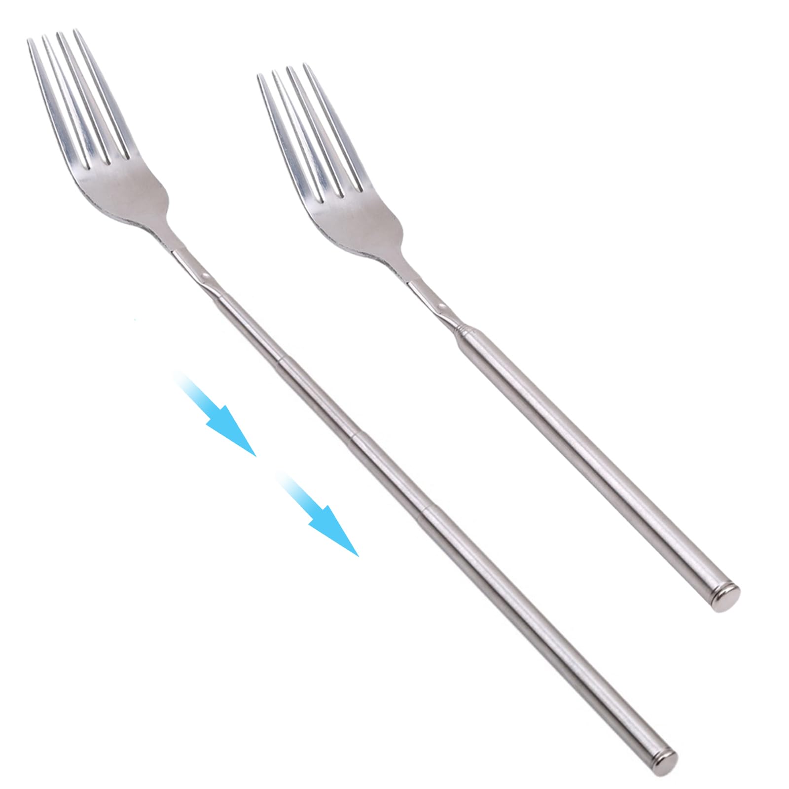 Juego de 2 tenedores extensibles, tenedores telescópicos de acero inoxidable que se extienden hasta 25 pulgadas, para barbacoa, postre, fruta, postre, cubiertos de mango largo