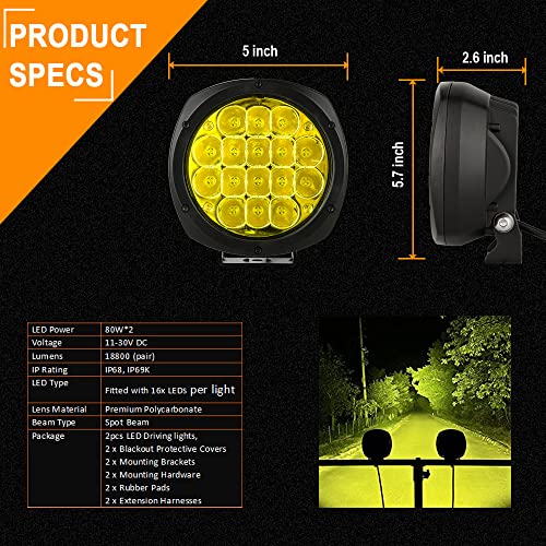 Biglion.x 5 Inch Pair 160W Amber Round Led Offroad Lights 18800Lm Amber Yellow Offroad Lights Super Bright Amber Driving Lights Fog Lights Waterproof Ip68 For Trucks Pickup 4X4 Suv Atv Utv #TOP2