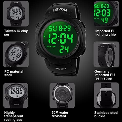 Mens Digital Watches, 5 ATM Waterproof Sport Watch with Alarm/Stopwatch Black Big Face Running Military Wrist Watch with LED Backlight for Men by RSVOM