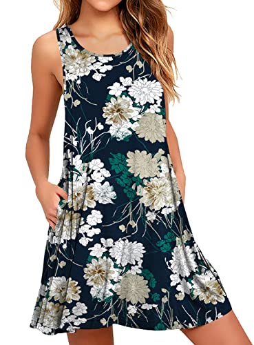 Weaczzy Summer Dresses For Women Beach Floral Tshirt Sundress Sleeveless Pockets Casual Loose Tank Dress (Navy Flower,X-Large) #TOP8