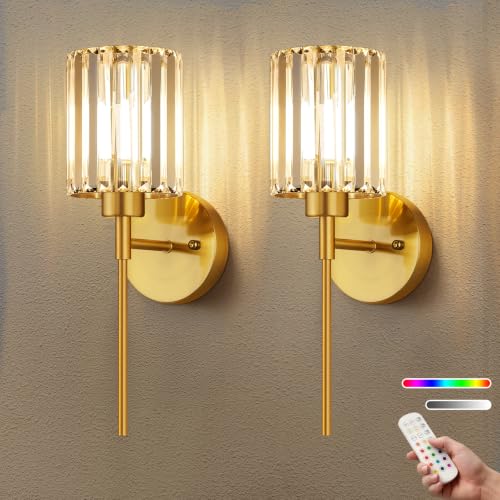 2-Pack Crystal Battery Operated Wall Sconces, Brushed Gold Rechargeable Wireless Wall Sconce Lights with Dimmable Bulbs and Remote, 12 Colors and 3CCT Dimmable Crystal Lamps for Living, 3000~6000K