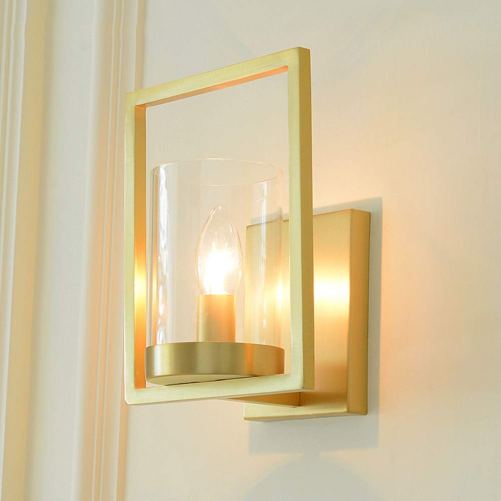 Aplique de pared europeo, moderno, simple, totalmente de cobre, aplique de pared en el hogar, pantalla de vidrio, lámpara de pared, soporte de lámpara E14, iluminación de pared utilizada compatible