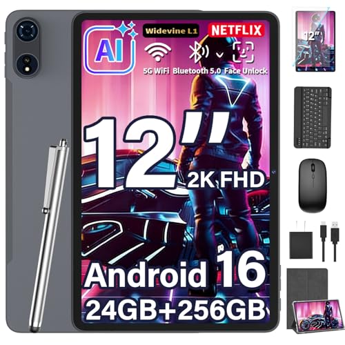 Image of Upgraded 12 Inch Tablet, Android 16 Tablet with Keyboard Bundle, 24GB+256GB+2TB Expand, 2K Gemini AI Tablets PC with Octa-Core, 8000mAh, 16+8MP, 2 in 1 Large Tablets with Case, Mouse, Stylus (Silver)