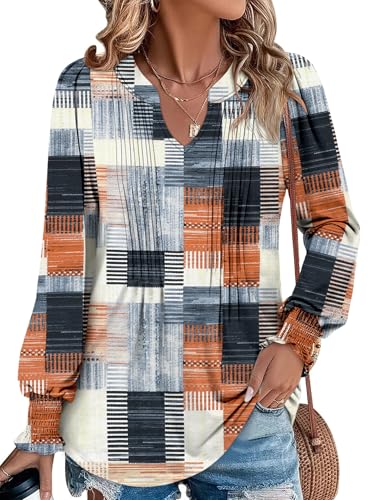 BETTE BOUTIK Long Sleeve Shirts for Women Fall Tops Dressy Blouses Pleated V Neck Tunic Tops for Leggings S-3XL