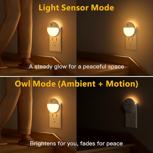 Image of YUNLEX 2 Pack Plug in Night Light with Motion Sensor and Dusk to Dawn Sensor, Stepless Dimming, Warm White LED Nightlight with 3 Lighting Ways for Bathroom, Bedroom, Kitchen, for Kids, Adults