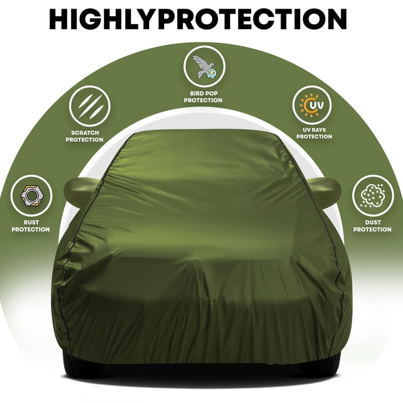 Image of Car Bady Cover Waterproof Compatible with Hyundai Fluidic Verna |Triple Stitched |Fully Elastic Ultra |Mirror Pocket | Heavy Buckle | Olive Green & Black Piping (Olive Green & Black)