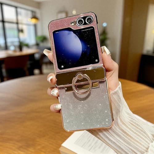 Coque Galaxy Z Flip 6 rose pailleté en PC et PU avec protection de charnière