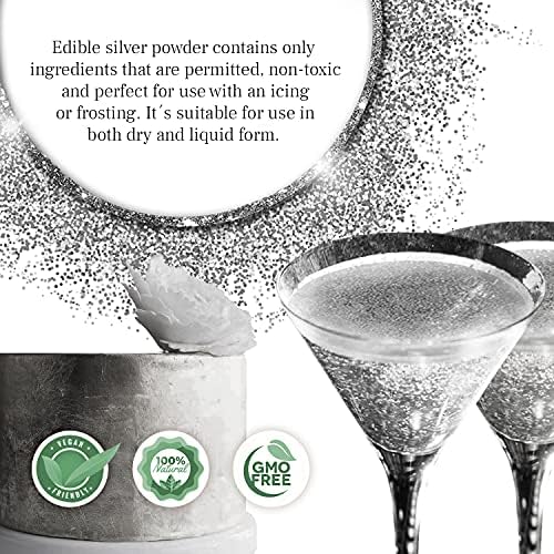Silver Dust Edible Glitter 10g - Edible Cake Decorations - Edible Glitter for Drinks, Cake Icing, Muffins, Baking Decorations - Silver Sparkle
