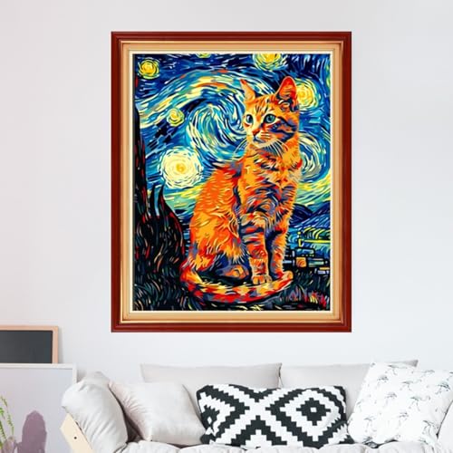 Image of Foxdiviy Stamped Cross Stitch Kits for Beginners Full Range of Cross Stitching 11 CT Printed Cross Stitch Kits for Adults Cross Stitch Patterns Needlepoint Kits-Van Gogh Starry Cat 16x20 inch