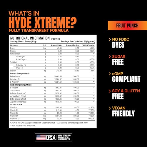 Image of HYDE Xtreme - Hard Hitting Energy Pre Workout Supplement | Caffeine, Beta-alanine, Creatine HCl, L-arginine | For Muscle Pump, Vascularity, Strength and Focus | 30 servings, 195g (Fruit Punch)