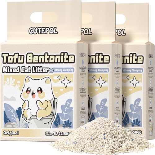 Cutepol Mixed 4-in-1 Clumping Cat Litter 16.5L, Odor Control and Rapid Clumping, Water Absorbent and Flushable, Dust-Free, Multi-Cat, Bentonite Tofu Cat Litter, Jasmine Scent, 5.5L/Pack